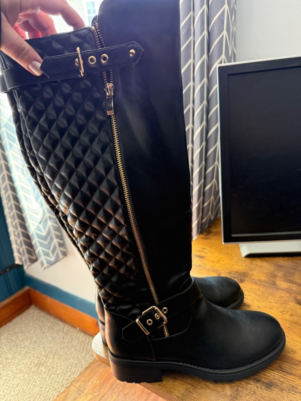 Quilted Over-the-Knee Black Boots with Side Zip (Wide Calf)